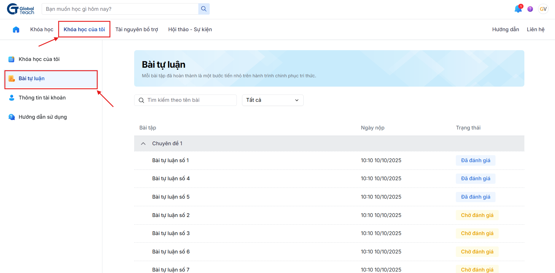 Trang “Bài tự luận” trong mục “Khóa học của tôi