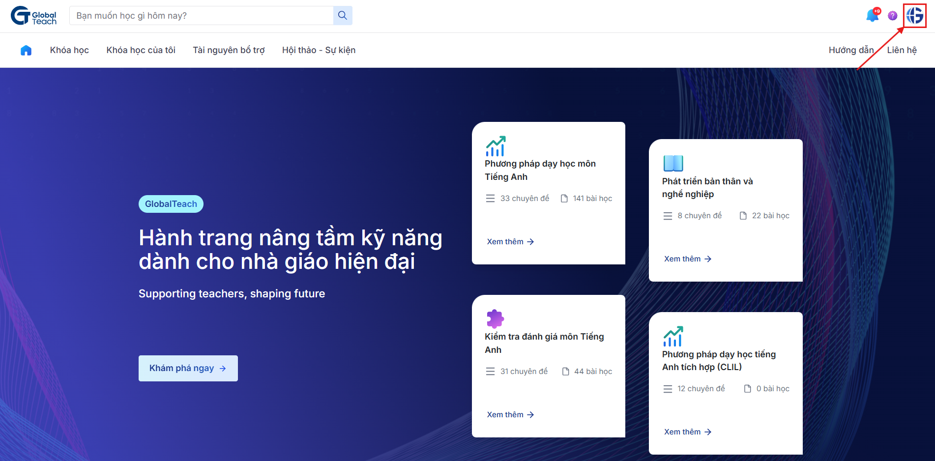 Giao diện trang chủ hệ thống GlobalTeach