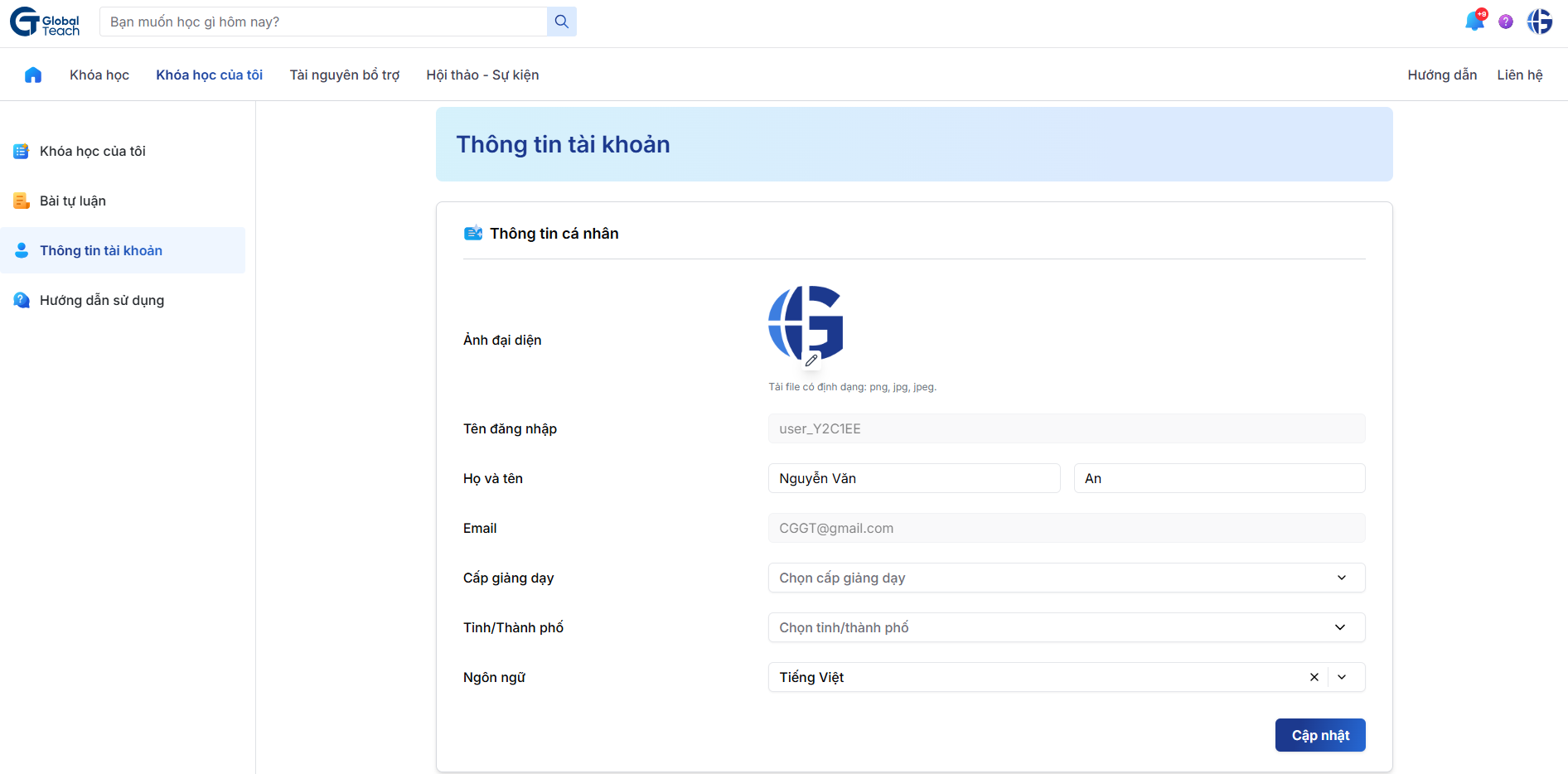 Giao diện trang Thông tin tài khoản