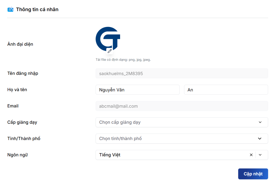 Giao diện trang Thông tin tài khoản